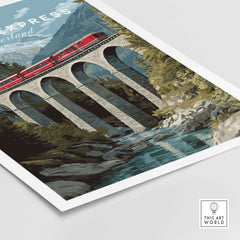 Bernina Express Print | Swiss Alps Travel Decor showcasing a scenic train crossing a stunning viaduct in the Swiss Alps.