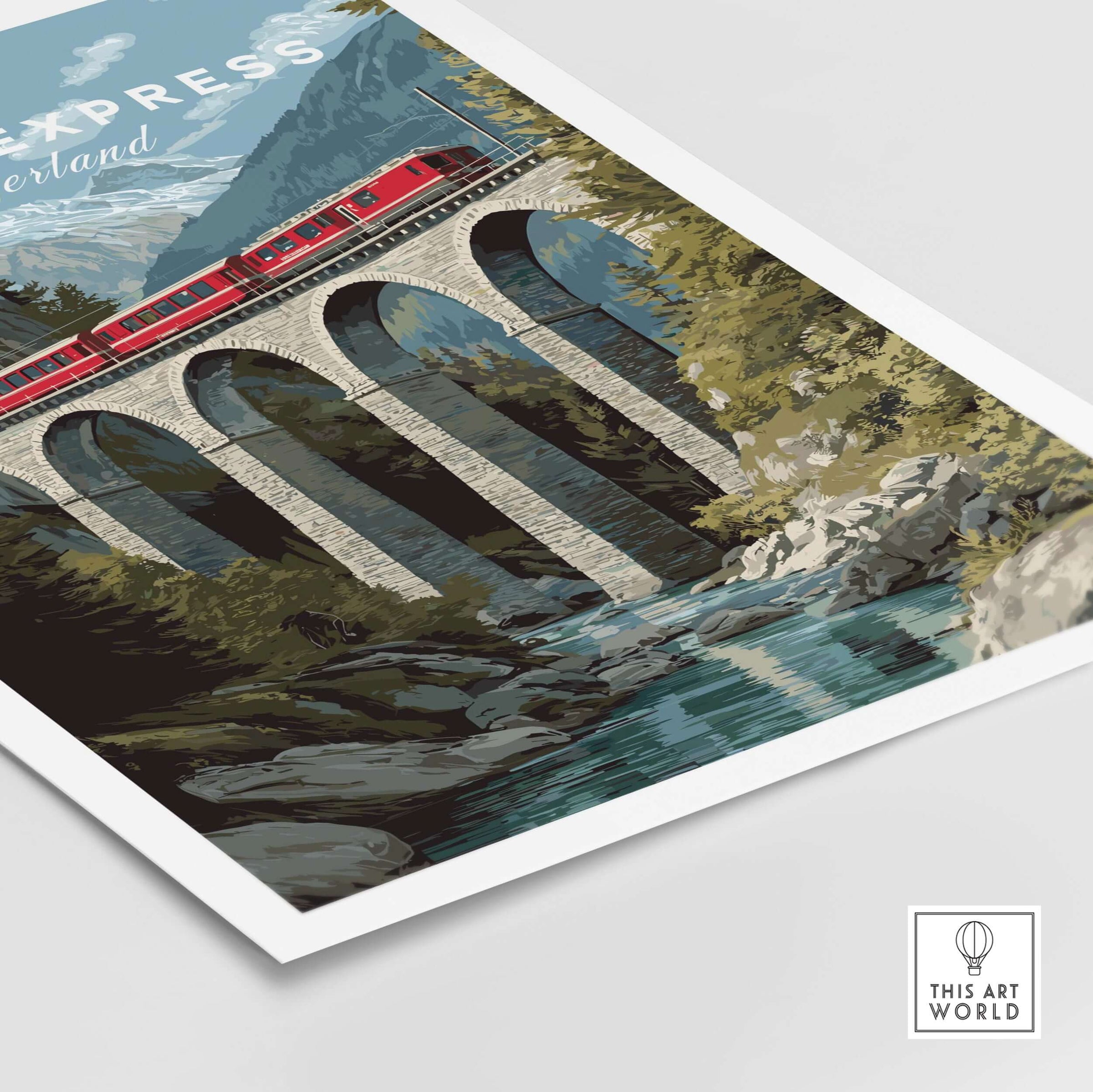 Bernina Express Print | Swiss Alps Travel Decor showcasing a scenic train crossing a stunning viaduct in the Swiss Alps.