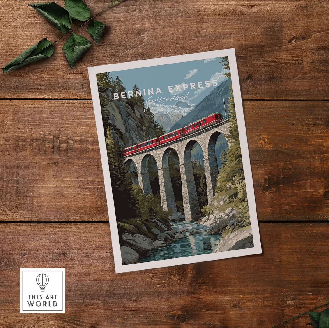 Bernina Express Print | Swiss Alps Travel Decor featuring a scenic train crossing an alpine bridge.