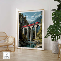 Bernina Express Print | Swiss Alps Travel Decor showcasing a train over a bridge in stunning alpine scenery.