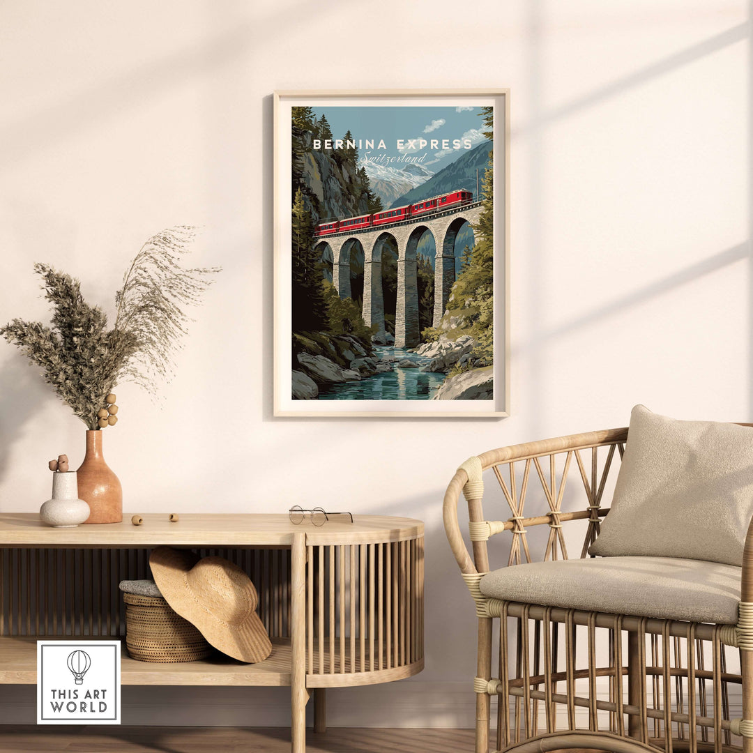 Bernina Express Print | Swiss Alps Travel Decor featuring a scenic alpine view with a red train and bridge.
