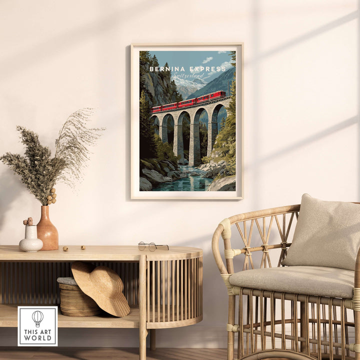 Bernina Express Print | Swiss Alps Travel Decor featuring a scenic alpine view with a red train and bridge.