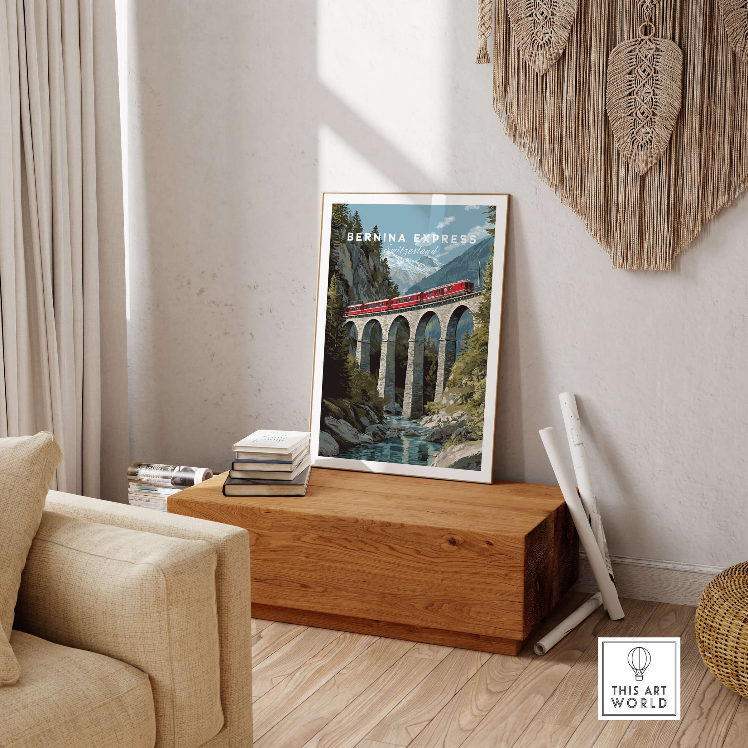 Bernina Express Print | Swiss Alps Travel Decor showcasing stunning scenery and design in a modern living room.