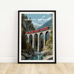 Bernina Express Print | Swiss Alps Travel Decor featuring a red train crossing a scenic bridge in the Swiss Alps.