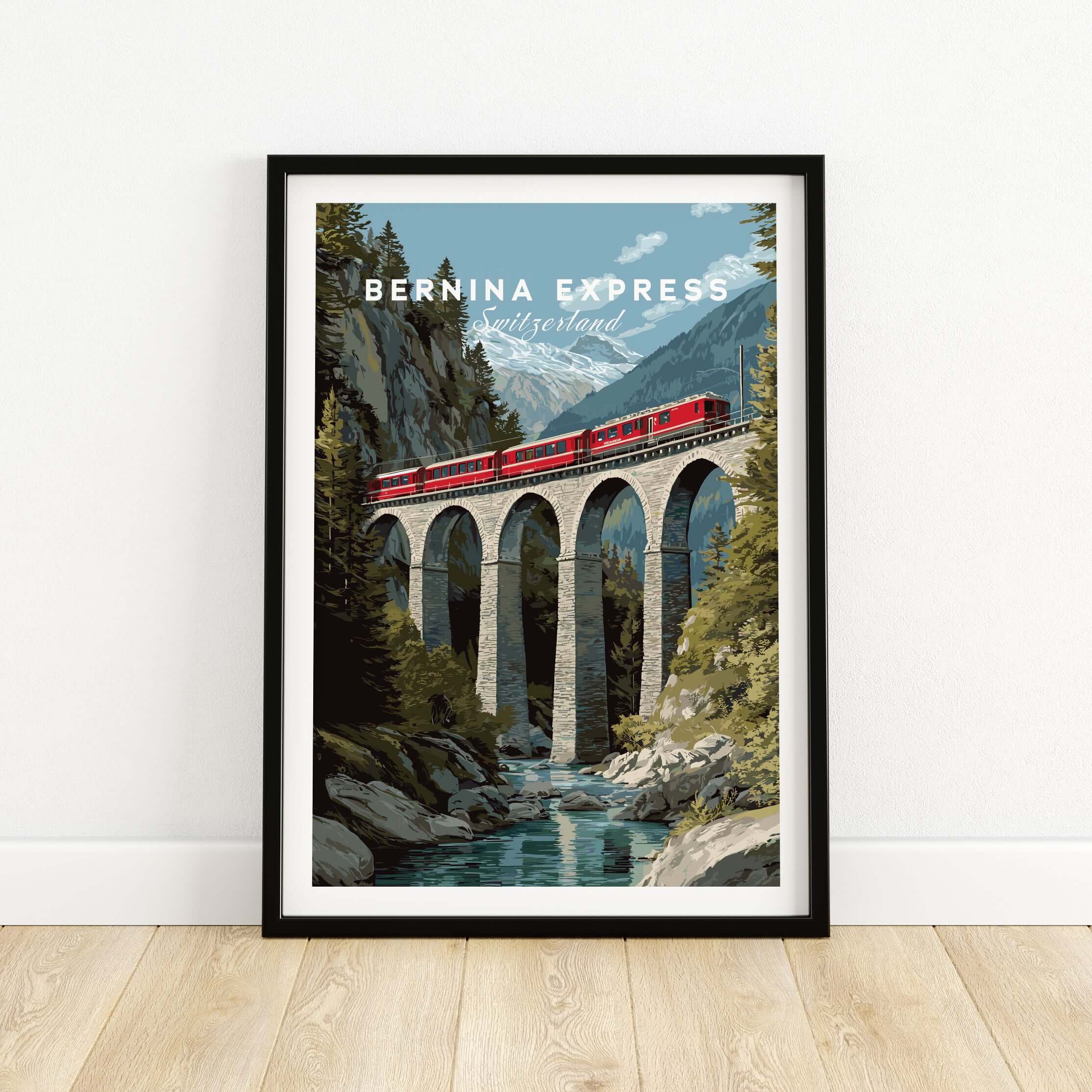 Bernina Express Print | Swiss Alps Travel Decor featuring a red train crossing a scenic bridge in the Swiss Alps.