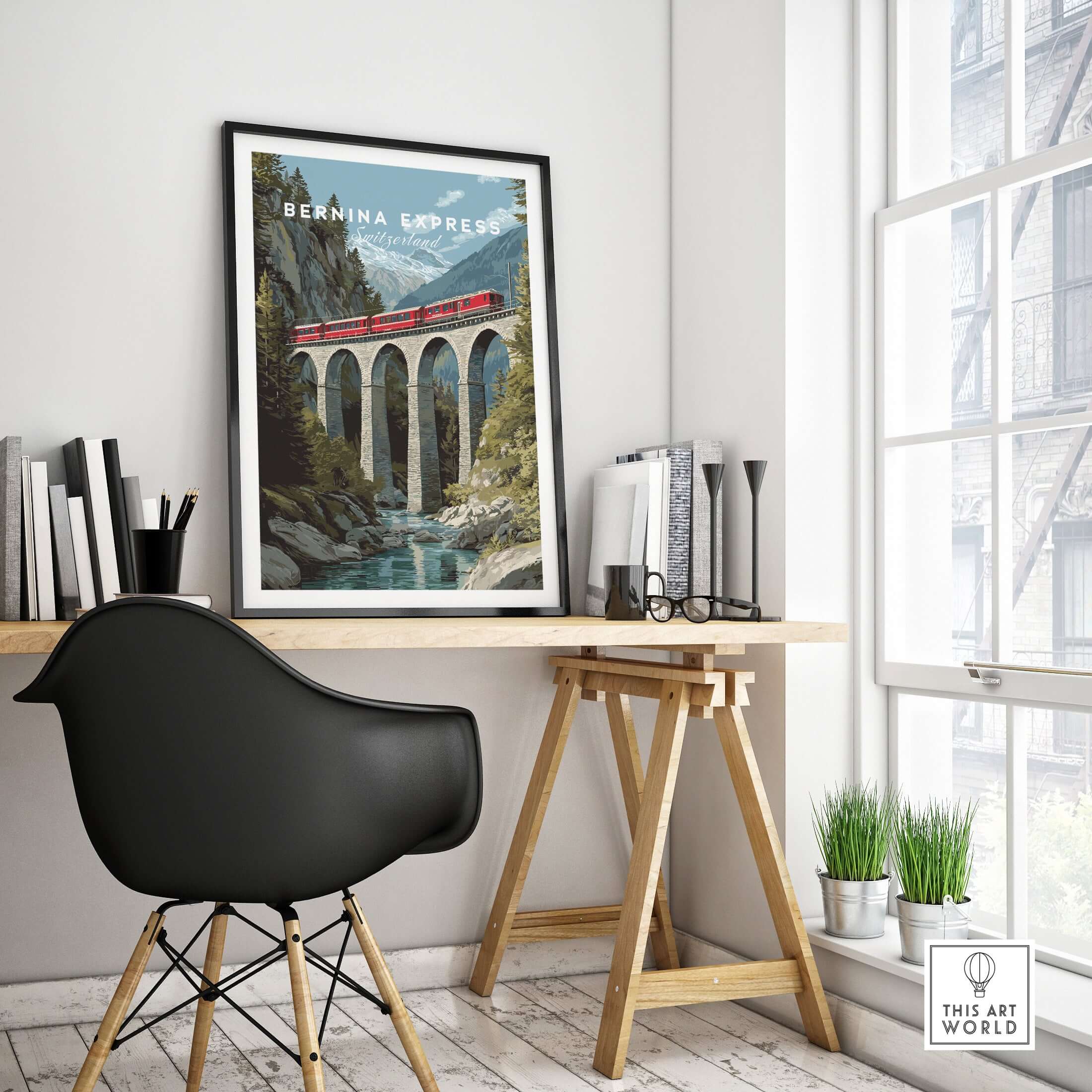 Bernina Express Print | Swiss Alps Travel Decor showcased in a modern workspace with a scenic view.