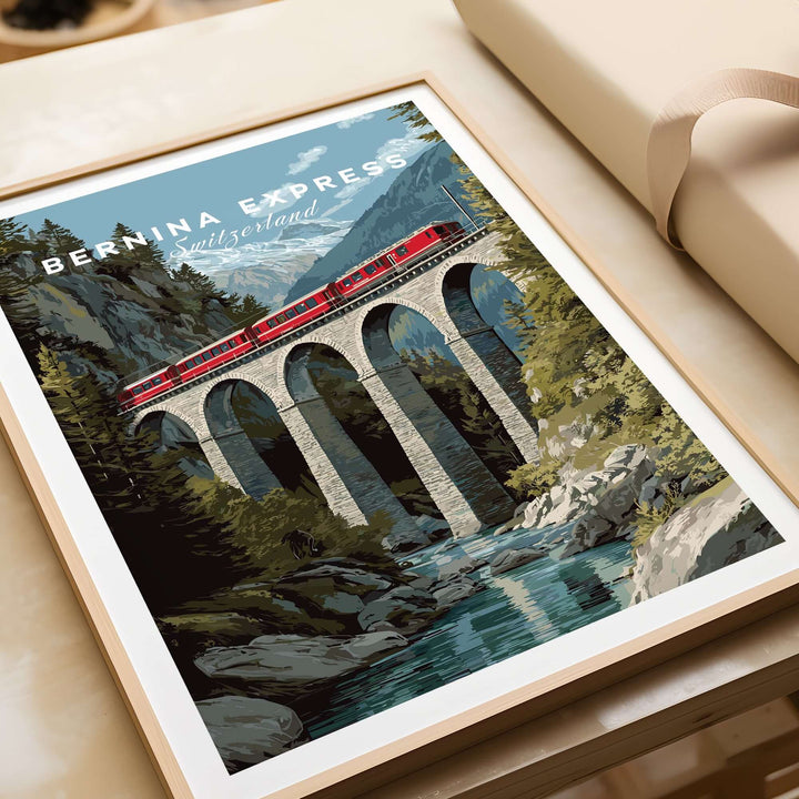 Bernina Express Print | Swiss Alps Travel Decor featuring the iconic train crossing a scenic bridge in the Swiss Alps.