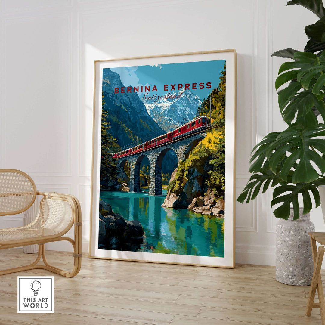 Bernina Express Print | Swiss Alps Wall Decor featuring a red train crossing a scenic bridge in the Swiss Alps.