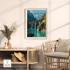 Bernina Express Print | Swiss Alps Wall Decor featuring a bright red train over a clear alpine river.