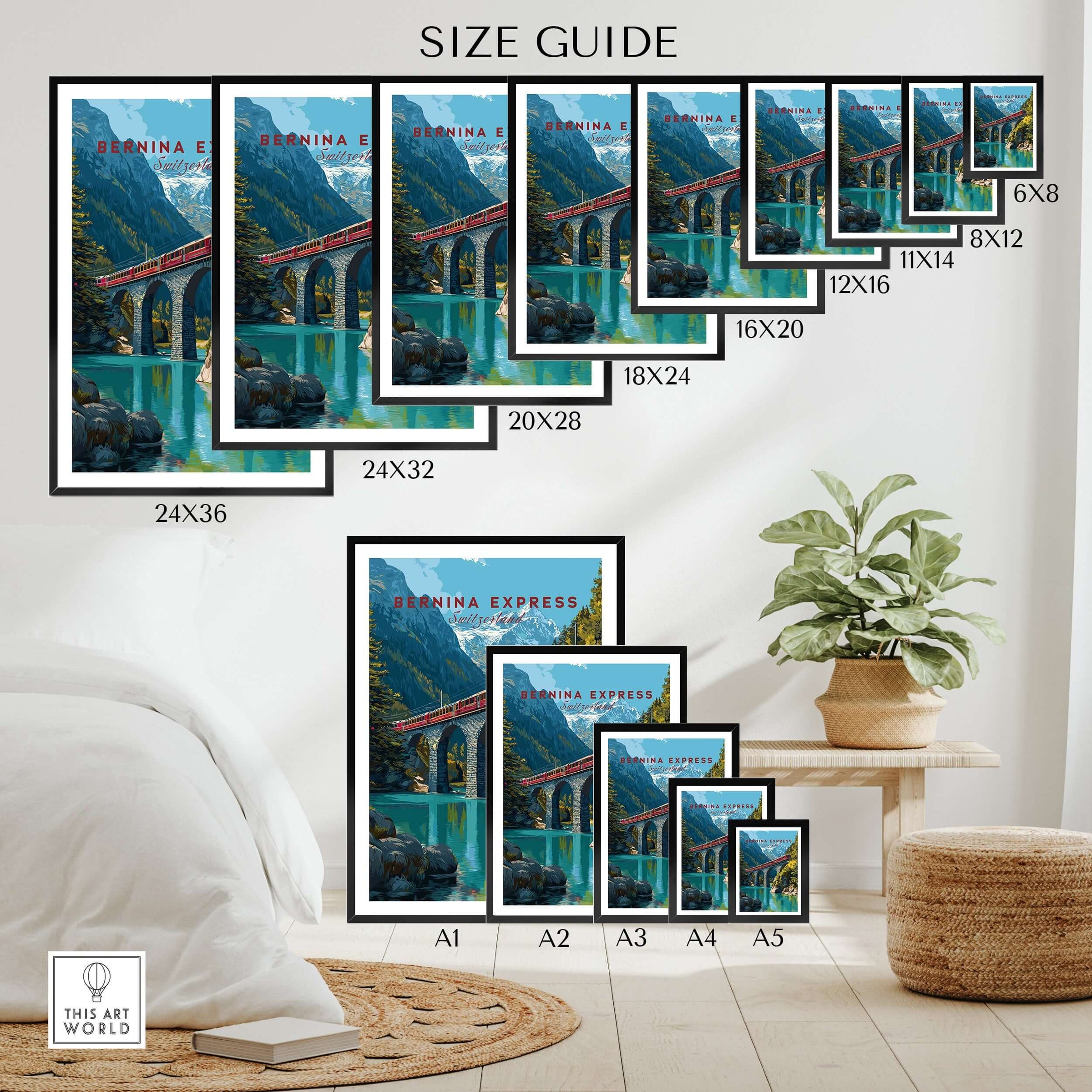 Bernina Express Print | Swiss Alps Wall Decor Size Guide showcasing various frame sizes and the print design.
