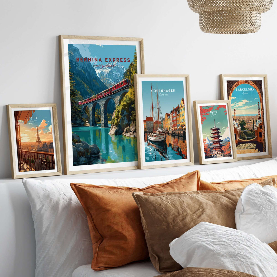 Bernina Express Print | Swiss Alps Wall Decor displayed in a chic living room setting with other travel-inspired prints.