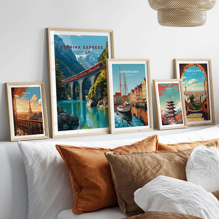 Bernina Express Print | Swiss Alps Wall Decor displayed in a chic living room setting with other travel-inspired prints.