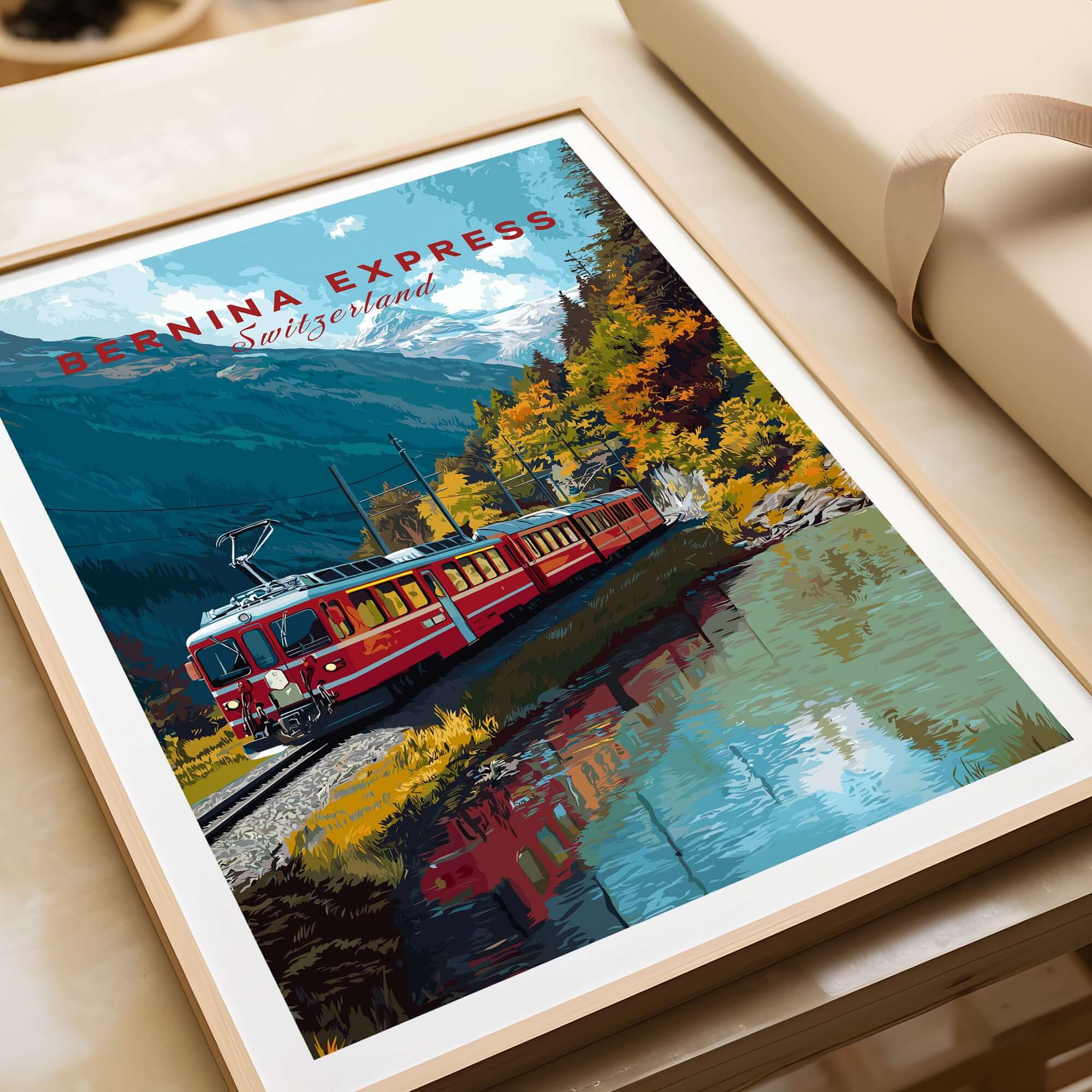 Bernina Express Print | Swiss Mountain Wall Art showcasing a vibrant train in a scenic Swiss landscape.