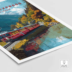 Bernina Express Print | Swiss Mountain Wall Art showcasing a vibrant train amidst scenic Swiss landscape.