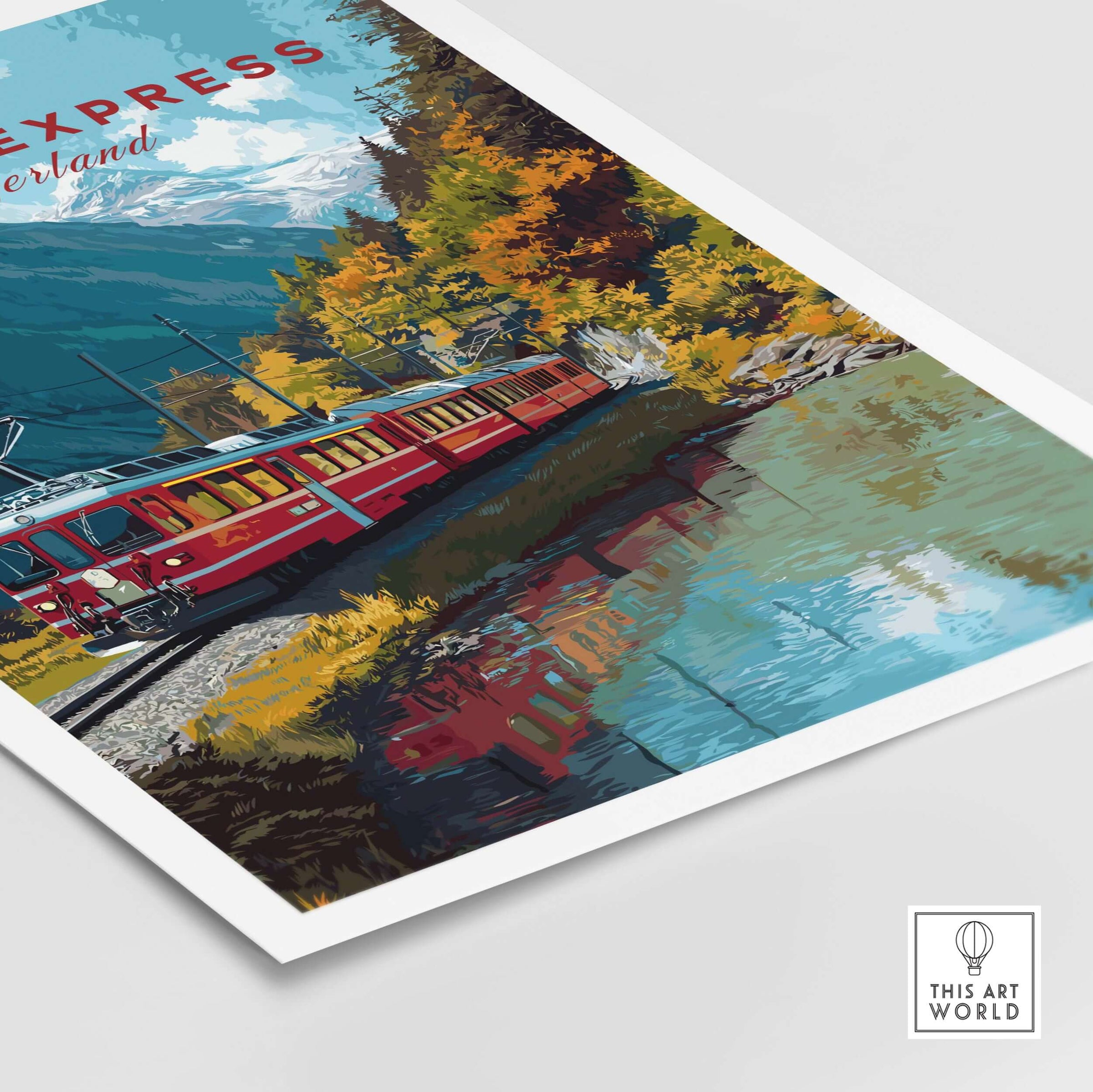 Bernina Express Print | Swiss Mountain Wall Art showcasing a vibrant train amidst scenic Swiss landscape.