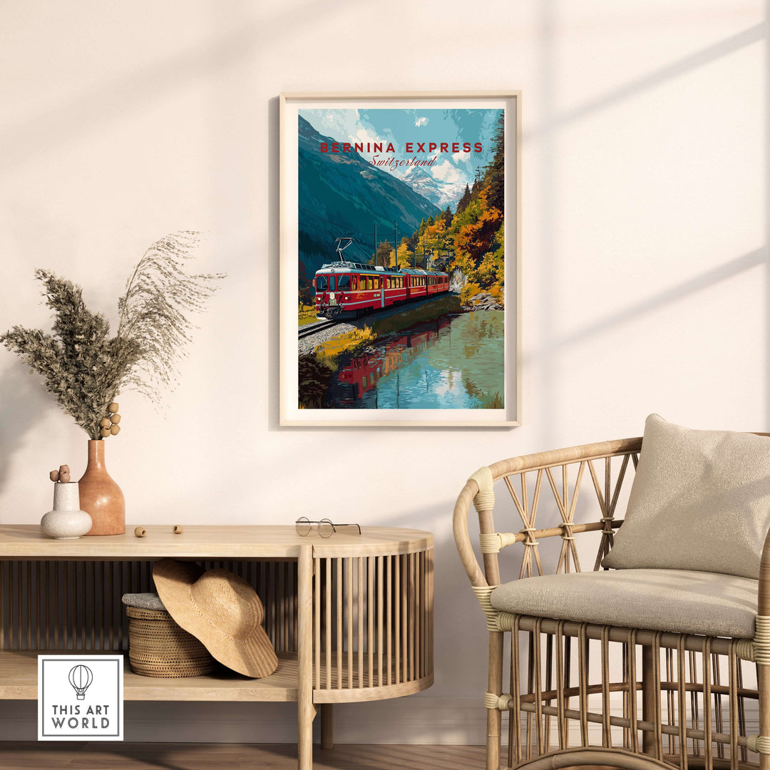 Bernina Express Print | Swiss Mountain Wall Art displayed in a stylish living room with a chair and decorative elements.