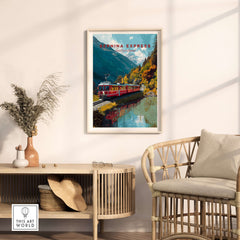 Bernina Express Print | Swiss Mountain Wall Art featuring a train by a serene mountain lake, adding elegance to any space.