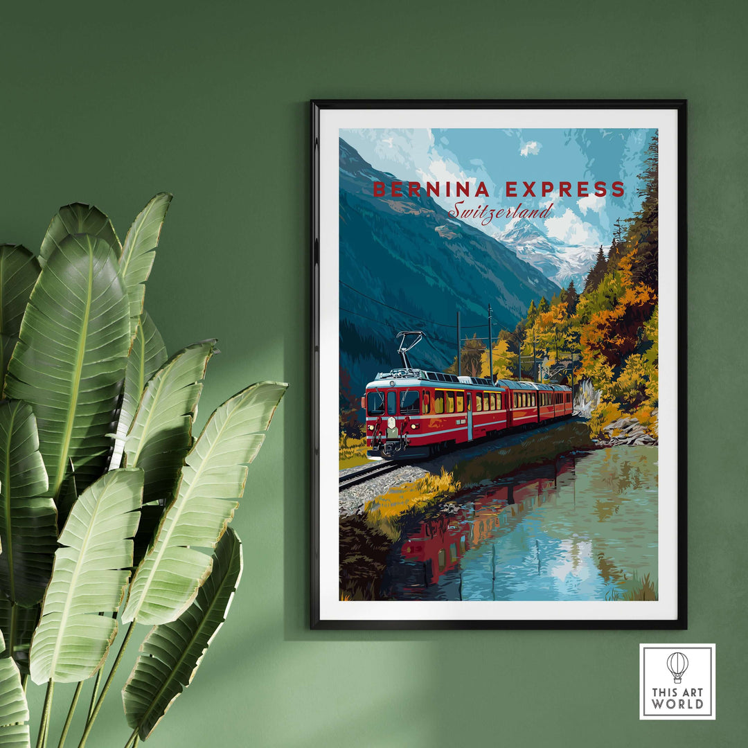 Bernina Express Print | Swiss Mountain Wall Art featuring a scenic train journey through the Swiss Alps.
