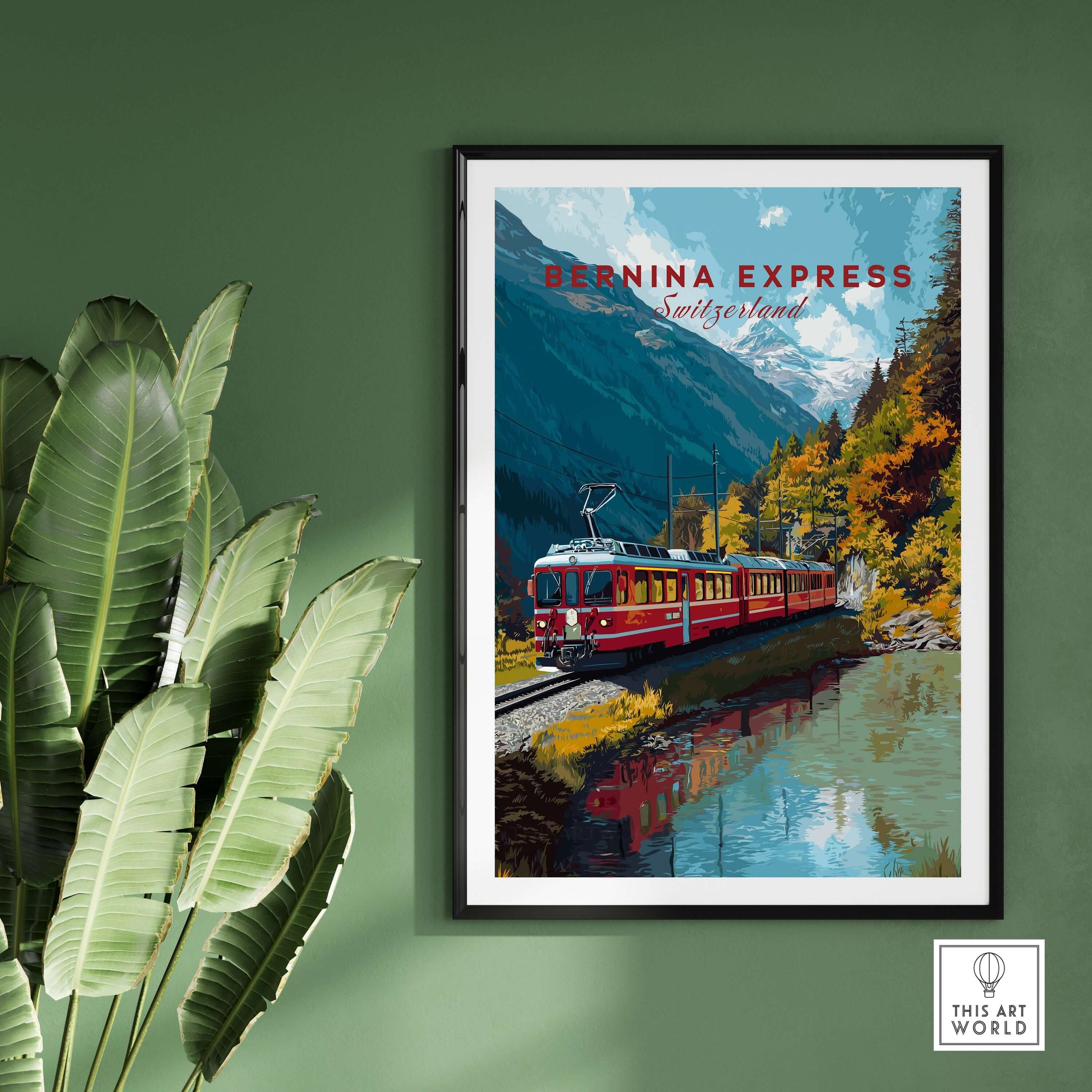 Bernina Express Print | Swiss Mountain Wall Art showcasing a scenic train journey through Swiss mountains.