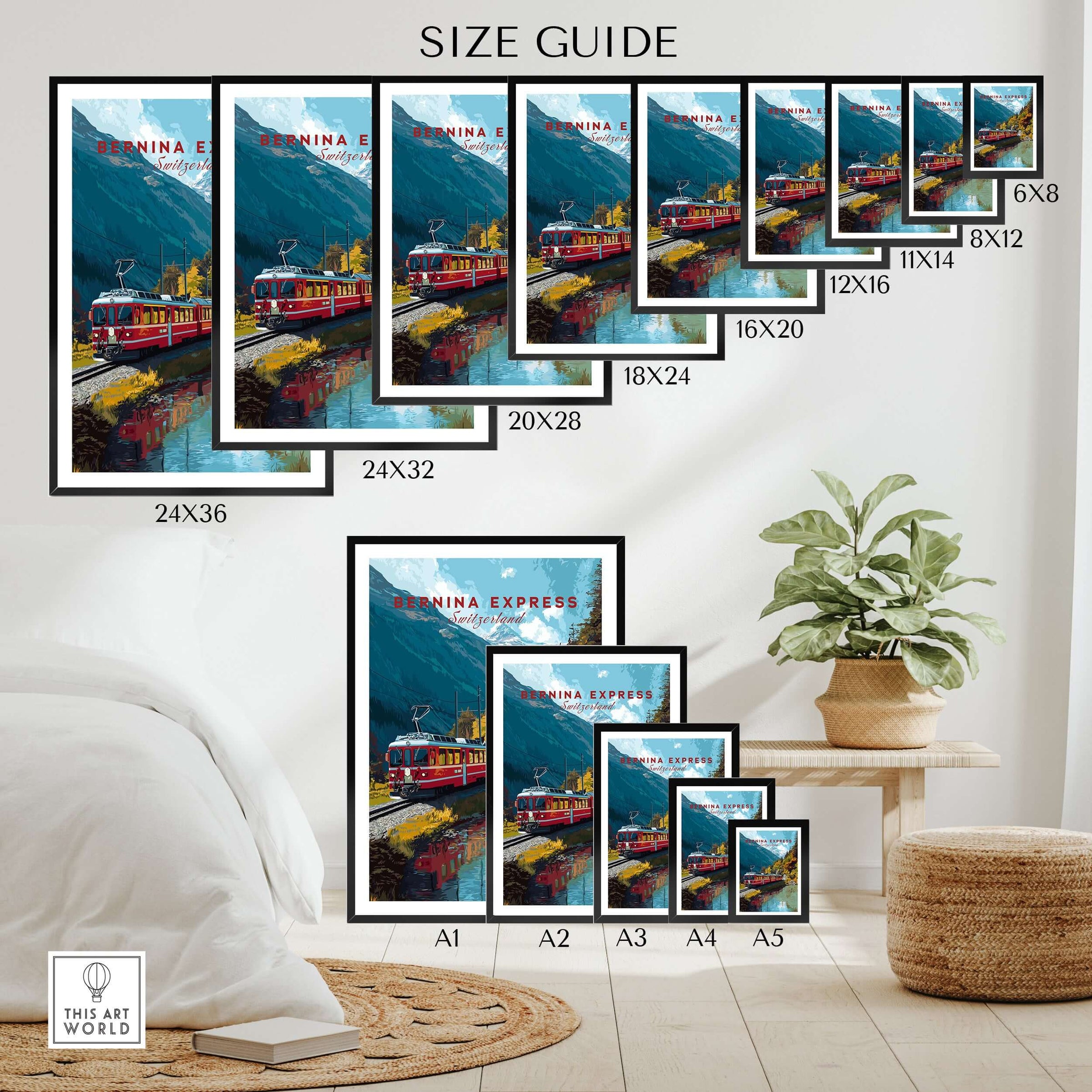 Bernina Express Print | Swiss Mountain Wall Art size guide showing various frame sizes and dimensions.