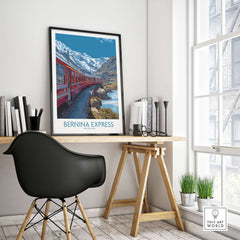 Bernina Express Print Switzerland Glacier Train Art | Scenic Mountain Railway Poster displayed in a modern interior setting.