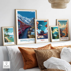 Bernina Express Print Switzerland Glacier Train Art | Scenic Mountain Railway Poster displayed in a gallery wall setting.