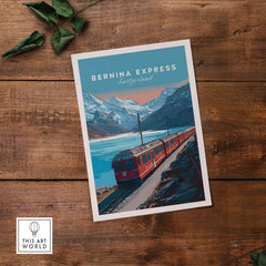 Bernina Express Print | Scenic Swiss Alps Decor featuring a train in the Swiss Alps with mountains and a lake.
