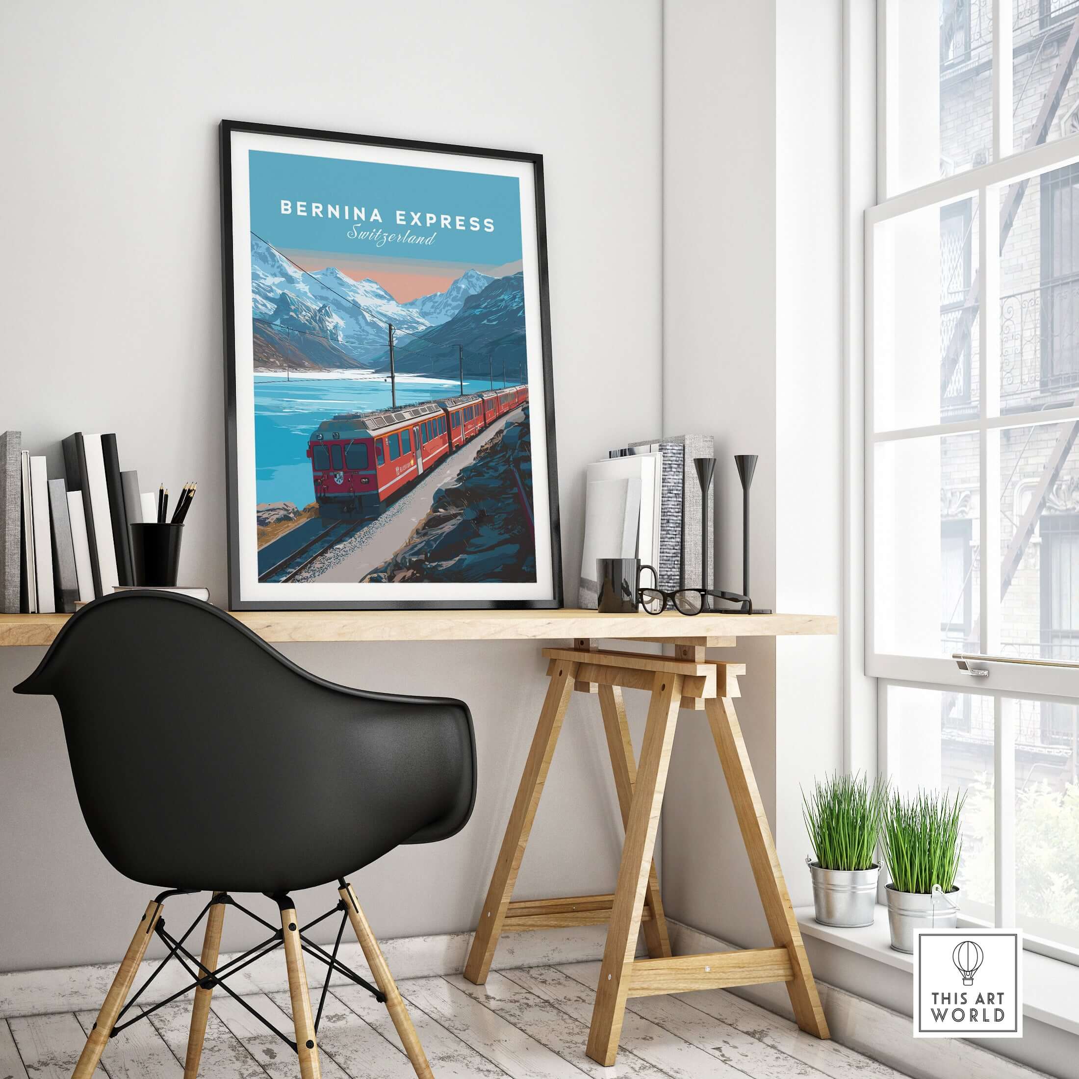Bernina Express Print | Scenic Swiss Alps Decor featuring a vibrant train in a mountain landscape, ideal for home or office.