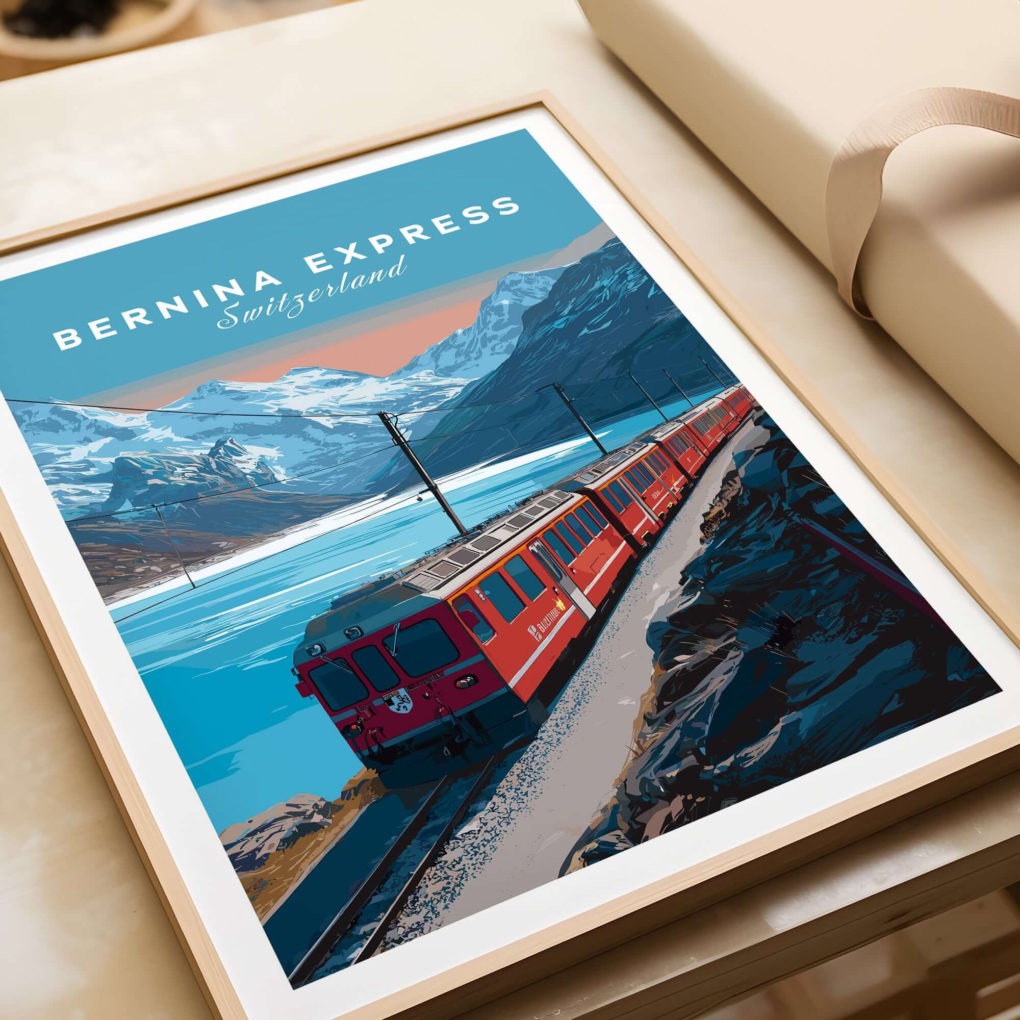 Bernina Express Print | Scenic Swiss Alps Decor featuring the iconic train in stunning mountain scenery.