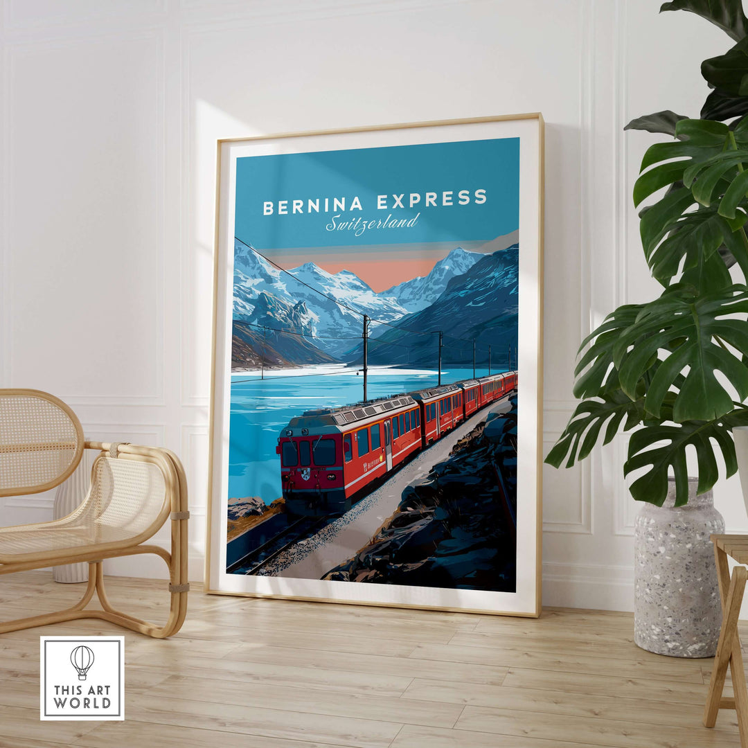 Bernina Express Print | Scenic Swiss Alps Decor featuring a vibrant train in a breathtaking mountain landscape.