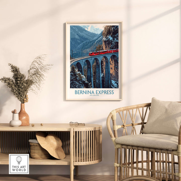 Bernina Express Poster | Snowy Mountain Train Poster featuring the iconic red train gliding over a stunning alpine viaduct.