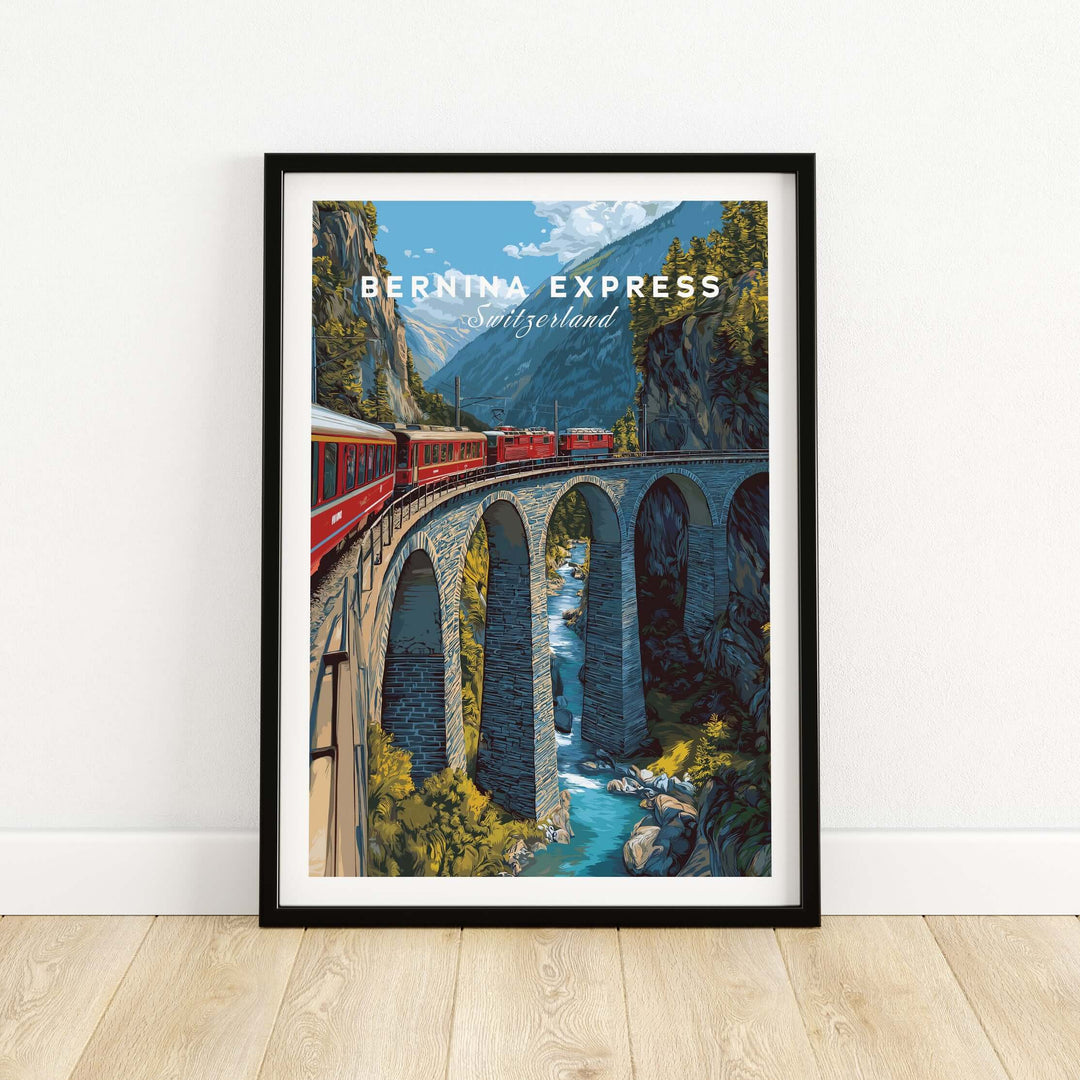 Bernina Express Print | Swiss Alps Journey Art showcasing a vibrant train crossing a bridge in the Swiss Alps.