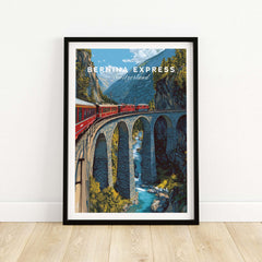 Bernina Express Print | Swiss Alps Journey Art featuring scenic train route over bridge in Switzerland.