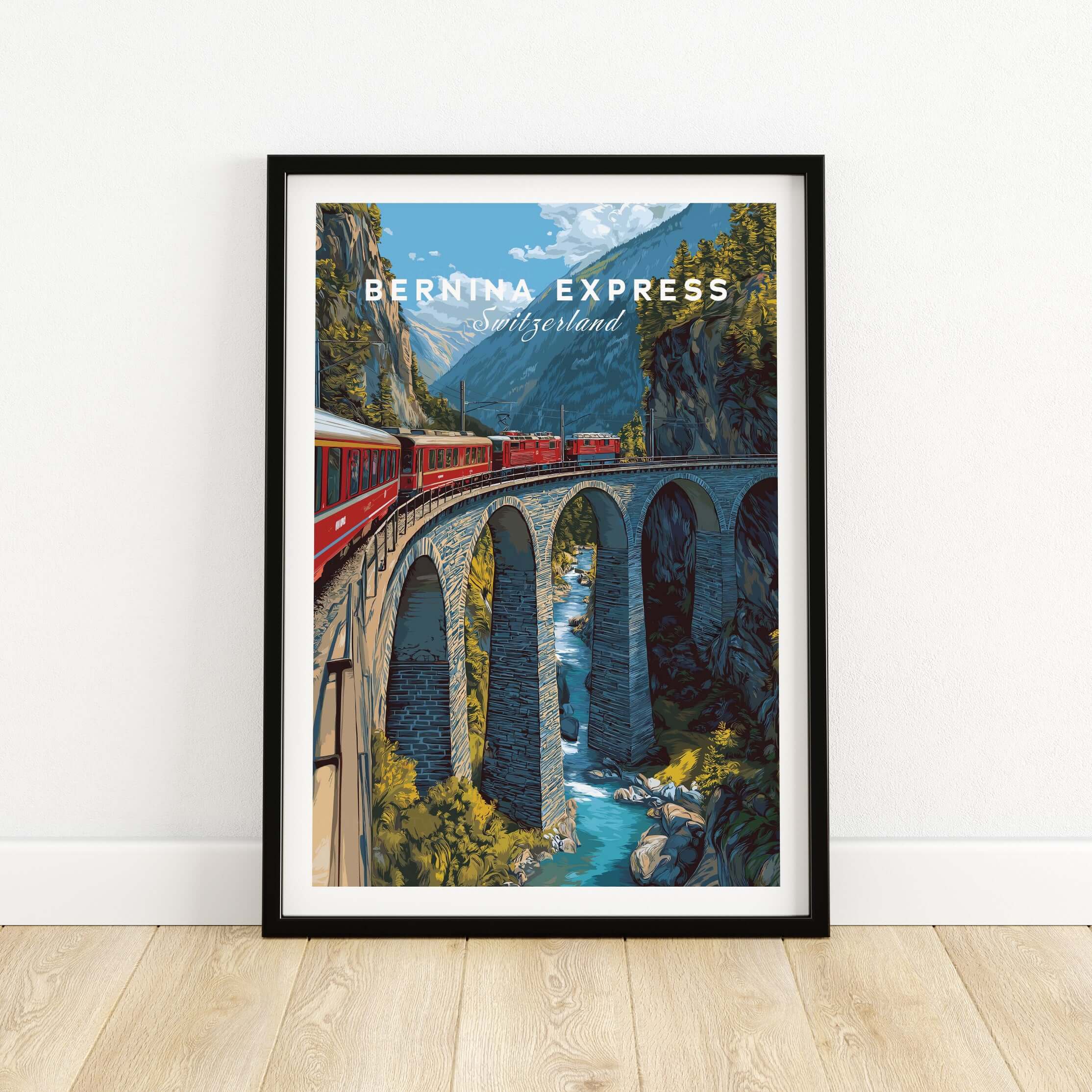 Bernina Express Print | Swiss Alps Journey Art featuring scenic train route over bridge in Switzerland.