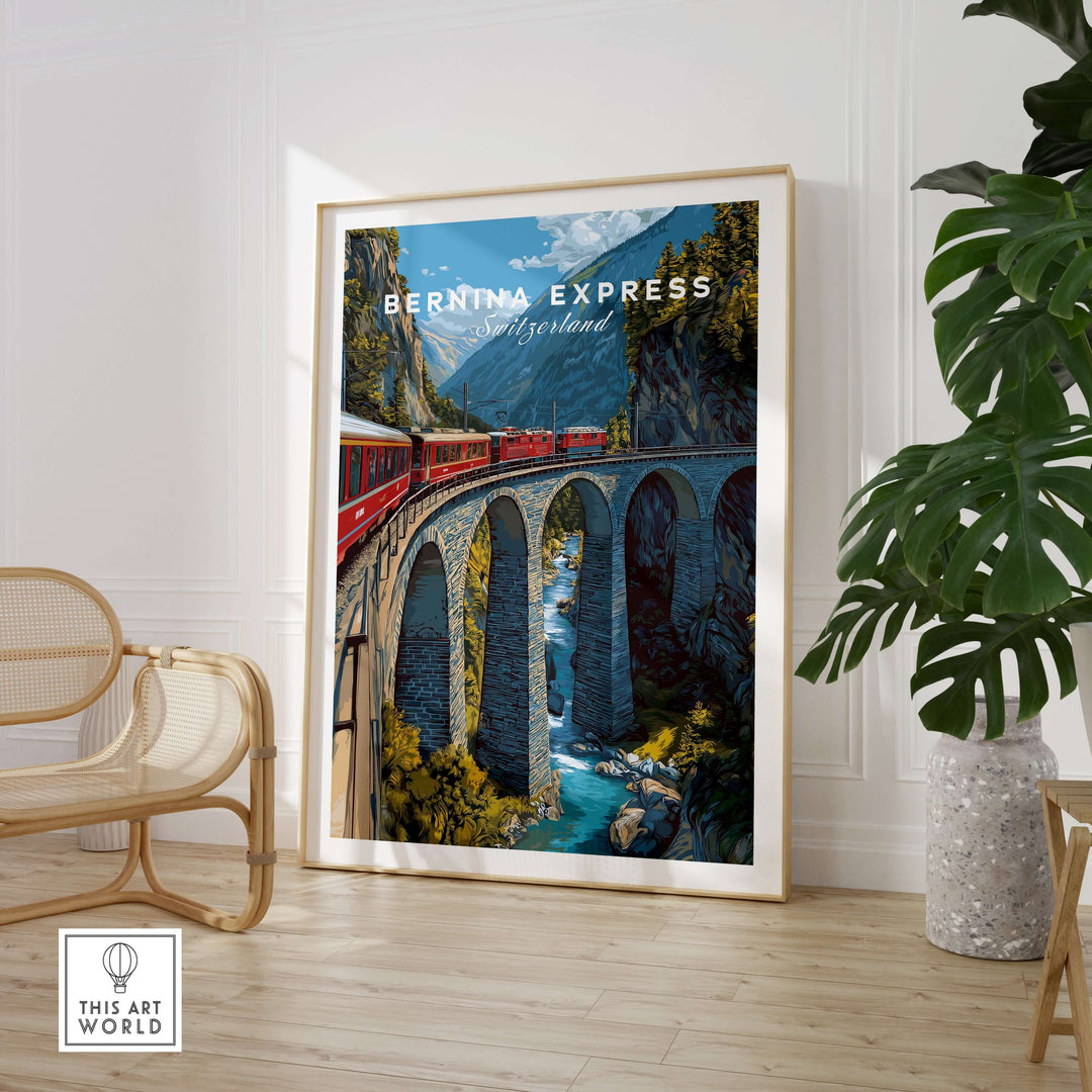 Bernina Express Print | Swiss Alps Journey Art showcasing a vibrant mountain landscape with iconic trains in a stylish home setting.