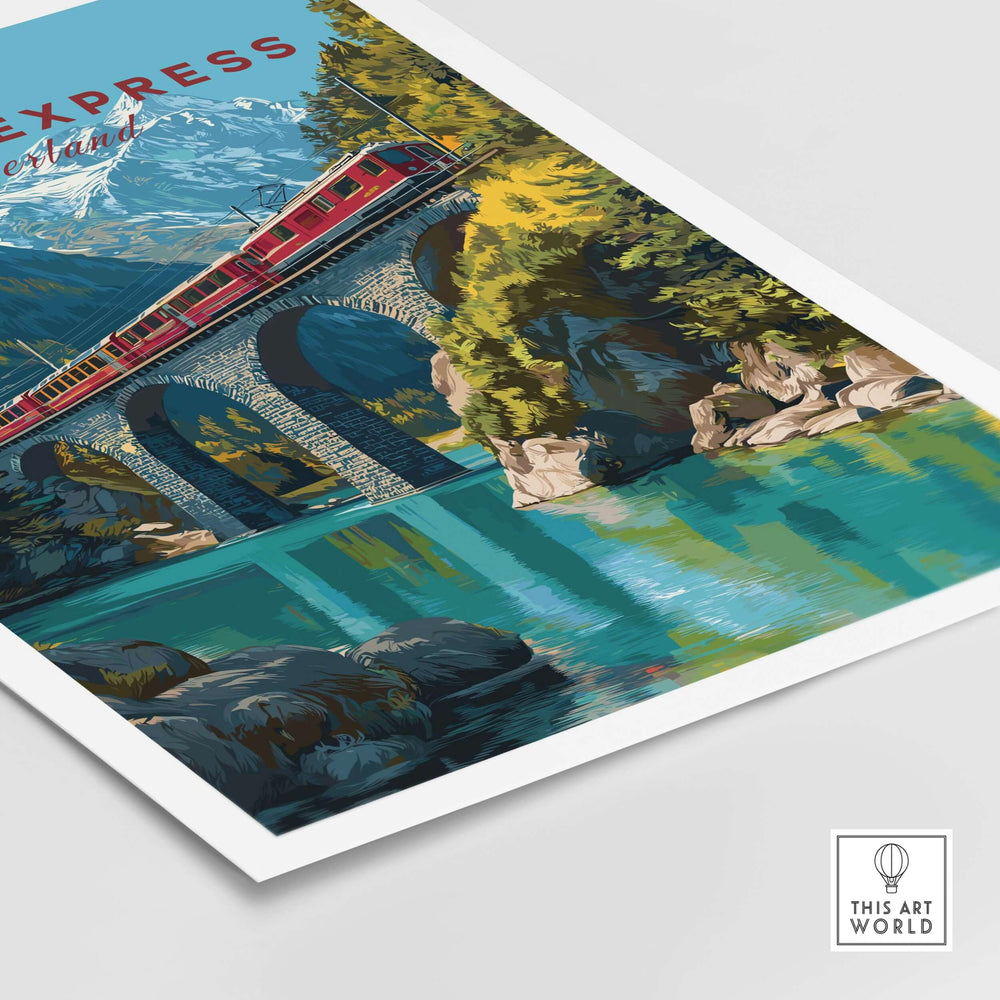 Bernina Express Print | Swiss Alps Wall Decor featuring a red train over a stone bridge in picturesque alpine scenery.