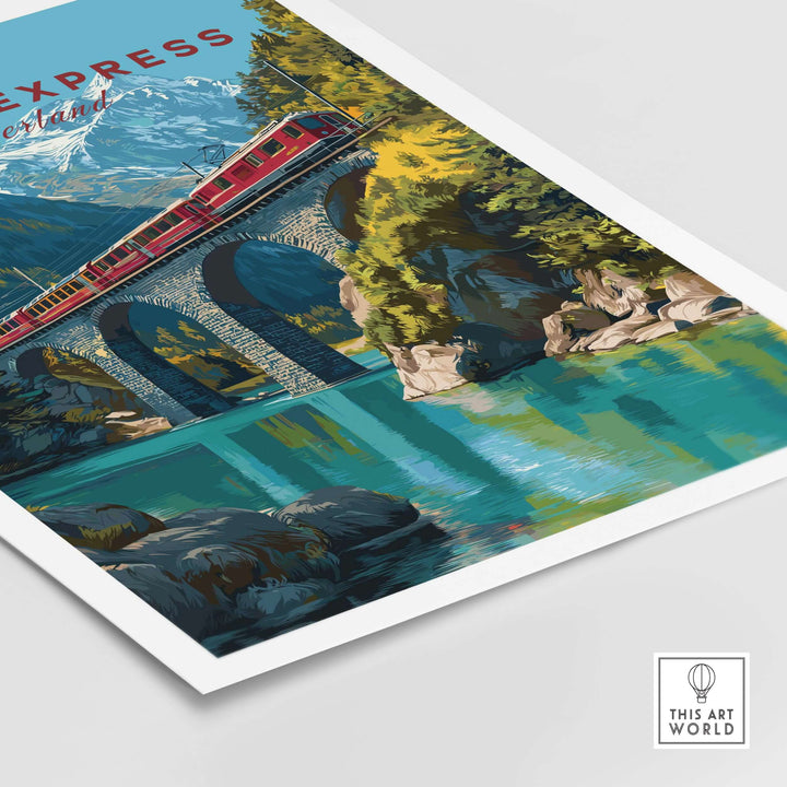 Bernina Express Print | Swiss Alps Wall Decor featuring a red train over a stone bridge in picturesque alpine scenery.