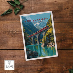 Bernina Express Print | Swiss Alps Wall Decor featuring a train over a scenic alpine bridge surrounded by mountains and water.
