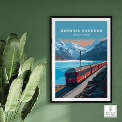 Bernina Express Print | Scenic Swiss Alps Decor featuring a red train against majestic mountain backdrop.