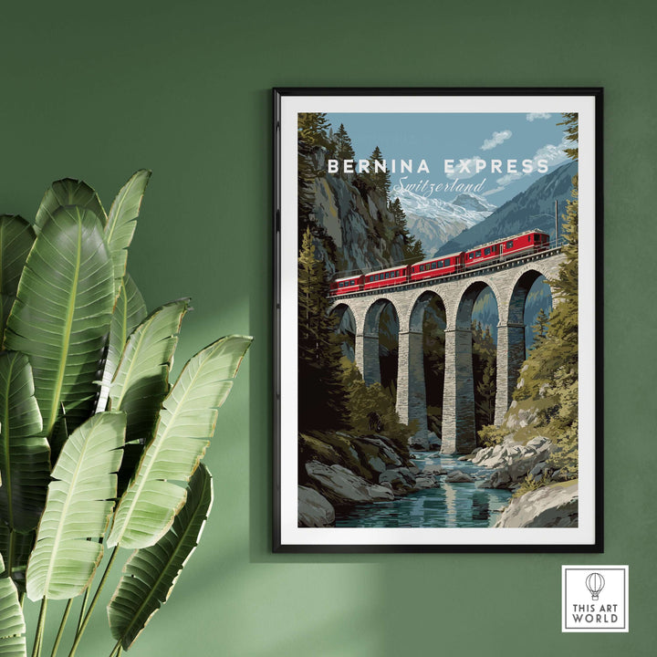 Bernina Express Print | Swiss Alps Travel Decor featuring a train on a bridge in the scenic Swiss Alps.