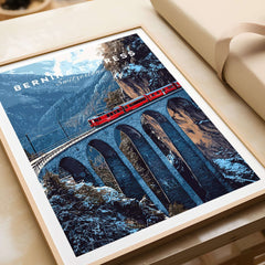 Bernina Express Swiss Alps UNESCO Winter Print | Scenic Rail Wall Decor showcasing the iconic train journey over an arch bridge.
