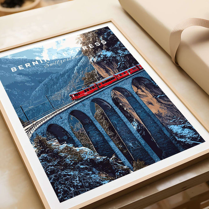 Bernina Express Swiss Alps UNESCO Winter Print | Scenic Rail Wall Decor featuring a train crossing a snowy bridge.