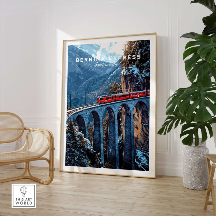 Bernina Express Swiss Alps UNESCO Winter Print | Scenic Rail Wall Decor featuring a red train on a snow-covered alpine landscape.