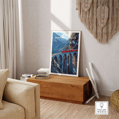 Bernina Express Swiss Alps UNESCO Winter Print | Scenic Rail Wall Decor in a cozy living room setting.