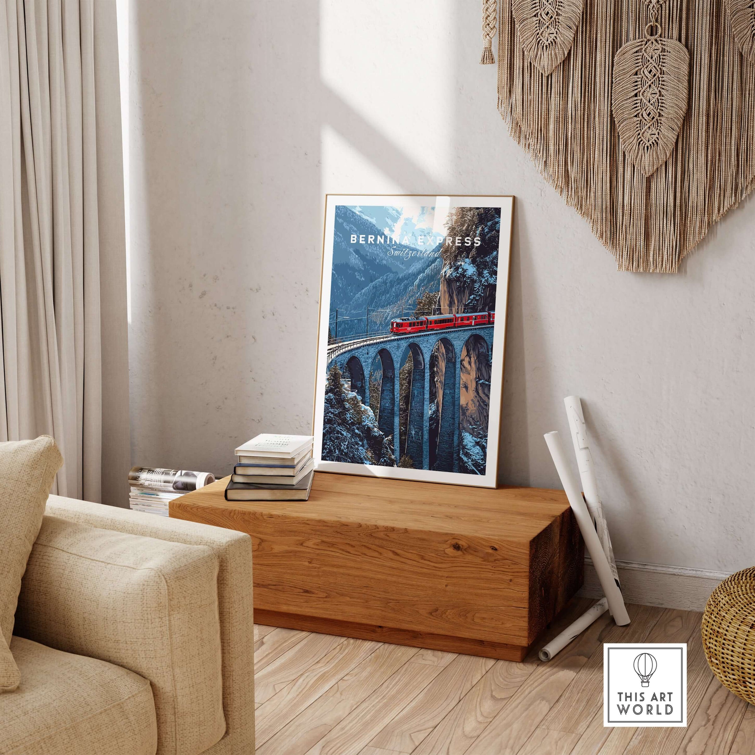 Bernina Express Swiss Alps UNESCO Winter Print | Scenic Rail Wall Decor in a cozy living room setting.