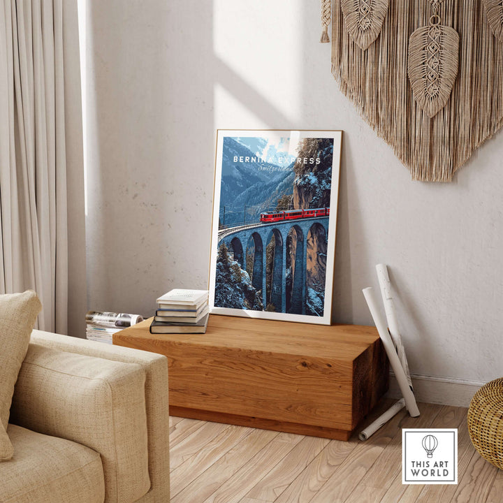 Bernina Express Swiss Alps UNESCO Winter Print | Scenic Rail Wall Decor displayed in a cozy living room setting.