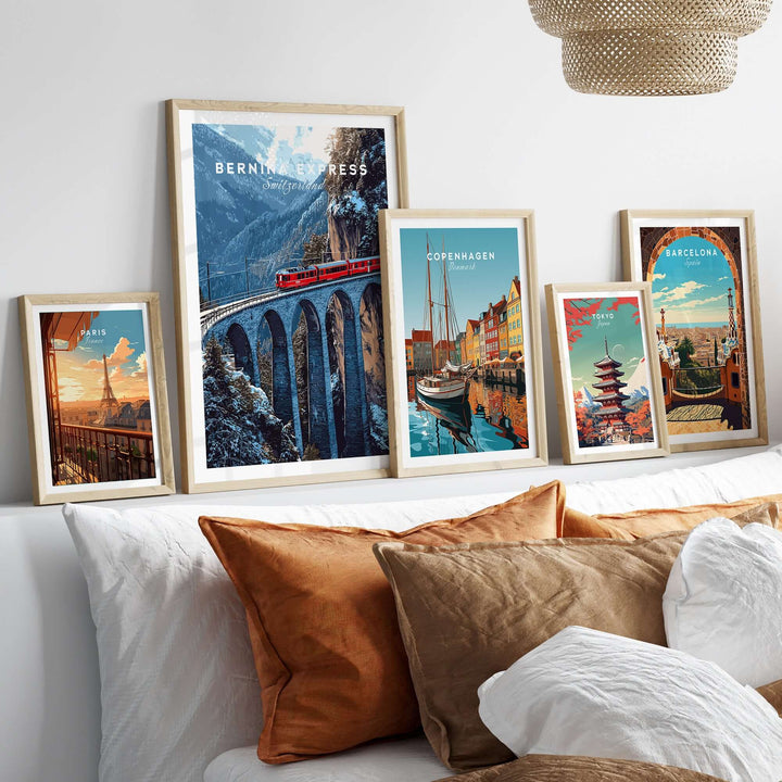 Bernina Express Swiss Alps UNESCO Winter Print | Scenic Rail Wall Decor displayed among other framed travel art