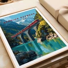 Bernina Express Print | Swiss Alps Wall Decor featuring a train crossing a stunning mountain landscape.