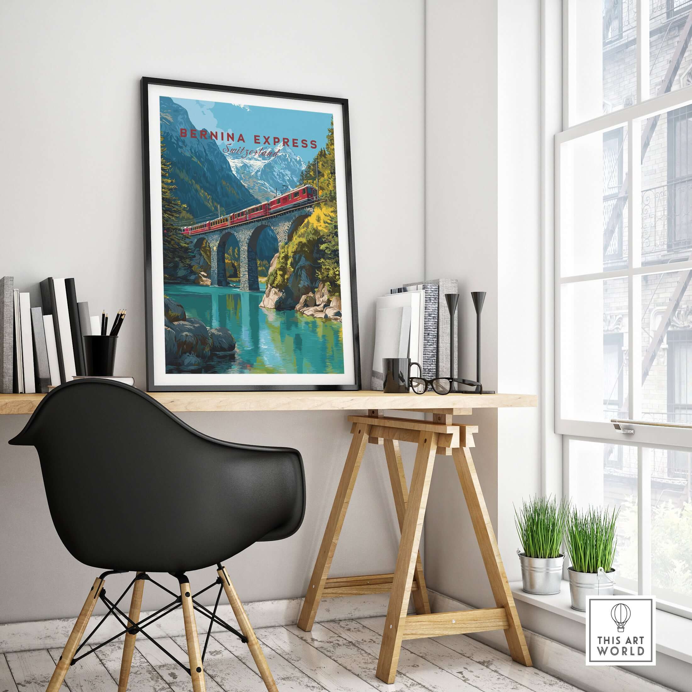 Bernina Express Print | Swiss Alps Wall Decor featuring stunning alpine landscapes and iconic train on display in a stylish room.