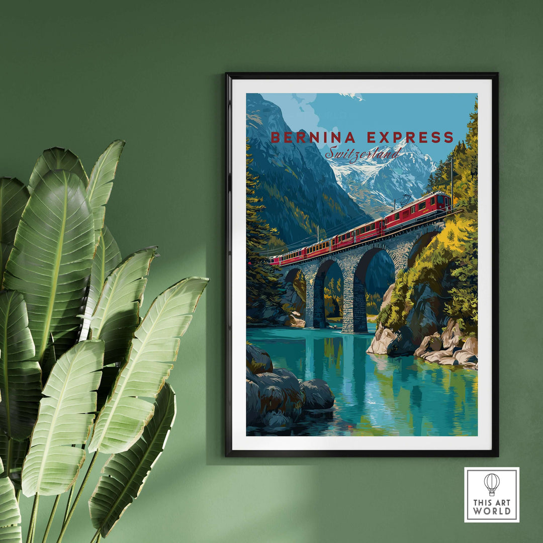 Bernina Express Print | Swiss Alps Wall Decor featuring iconic train over a bridge in stunning alpine scenery.